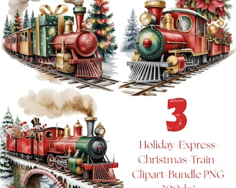 3 Holiday Express Christmas Train Clipart Bundle PNG | Vintage Christmas Train Digital Download | Festive Train Sublimation Clip Art
