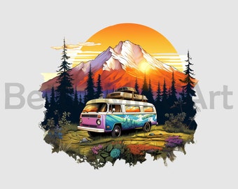 Cool Camper van mix with nature Sublimation Designs - camping PNG , camper van Clipart