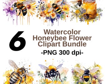 6 Watercolor Honeybee Clipart PNG Bundle | Bee Flower Clip Art Set for DIY Crafts, Stickers, Sublimation, Cards | High Quality 300 DPI