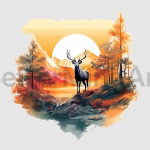 Sunset mix with mountain Deer hunting PNG Sublimation Designs - Deer PNG , Deer hunter Clipart
