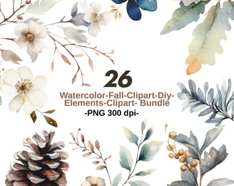 Watercolor fall floral clipart bundle PNG | Autumn Botanical Leaves Flowers DIY Elements | hand painted high quality PNG 300 dpi