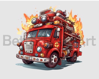 Watercolor Firetruck Engine PNG Sublimation Designs - Firetruck PNG , Firetruck Clipart