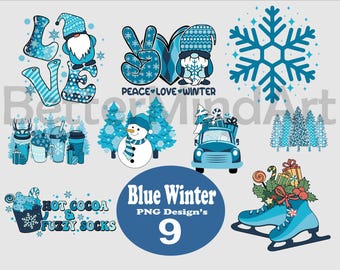 Blue Winter PNG Clip Art Set, Snowflake Graphics, Digital Download, Holiday Clipart, Snowy Clipart Bundle, Seasonal Design