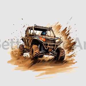 May include: A brown off-road vehicle with a driver inside, driving through a muddy terrain. The vehicle is covered in mud and dirt, and there is a splash of mud behind it.