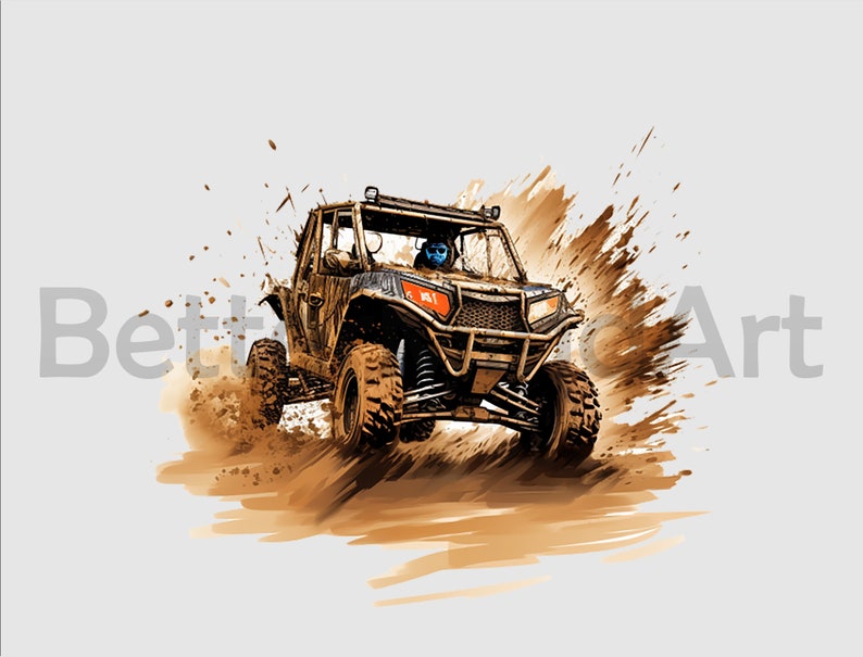 May include: A brown off-road vehicle with a driver inside, driving through a muddy terrain. The vehicle is covered in mud and dirt, and there is a splash of mud behind it.