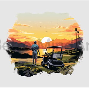 夕日の中を走るゴルフカート 02 昇華デザイン T シャツ、ゴルフ png、ゴルフカート png、ゴルフカート クリップアート