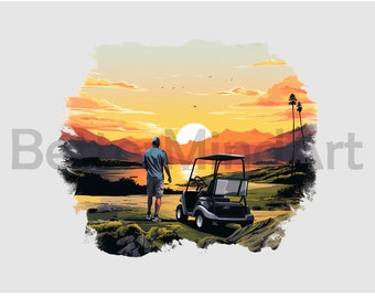 Golf Cart into a sun set 02 Sublimation Designs T-Shirt, Golf png, Golf cart png, Golf cart Clipart