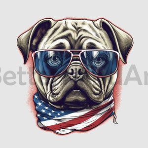 Pug Head with US flag Sublimation Designs T-Shirt, Pug Head Png, Pughead Clipart