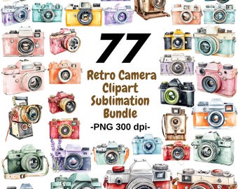 May include: A set of 77 watercolor illustrations of vintage cameras in various colors and styles. The cameras are arranged in a grid pattern on a white background. The text "77 Retro Camera Clipart Sublimation Bundle -PNG 300 dpi- " is displayed below the images.