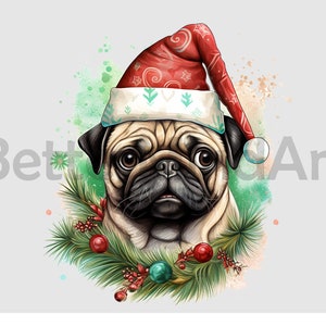 Pug Head wearing elf hat Sublimation Designs T-Shirt, Pug Head Png, Pug head Clipart