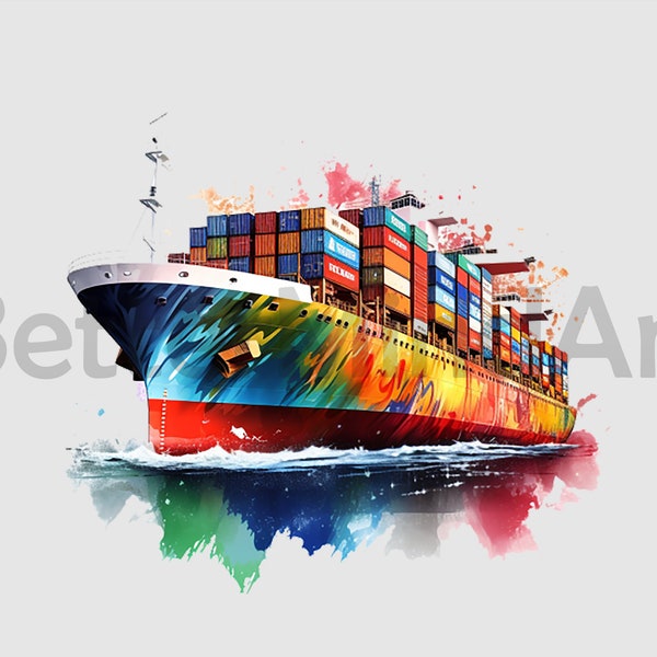 Colorful container cargo ship Sublimation Designs - Container ship PNG , cargo ship Clipart