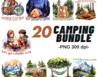 Camping PNG Bundle, Outdoor Abenteuer Digital Pack, Camper Clipart, Natur Grafiken, Überlandelemente, Reisekunst