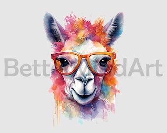 May include: A watercolor painting of a llama wearing orange-rimmed glasses. The llama's fur is painted in shades of pink, orange, yellow, and blue. The background is a light gray.