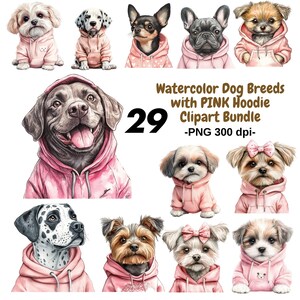 Watercolor Dog Clipart Bundle Featuring 29 Cute Dog Breeds in Pink Hoodies, High Quality 300 DPI PNG Sublimation Graphics Set