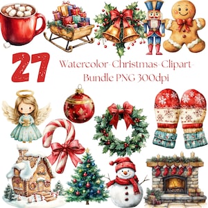 Könnte beinhalten: Aquarell-Weihnachts-Cliparts-Bundle mit festlichen Elementen. Enthält eine Tasse heiße Schokolade, einen Schlitten mit Geschenken, Glocken, einen Nussknacker, einen Lebkuchenmann, einen Engel, eine Zuckerstange, eine Weihnachtskugel, einen Kranz, Fäustlinge, ein Lebkuchenhaus, einen Weihnachtsbaum, einen Schneemann und einen Kamin.