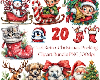 Zestaw 20 retro świątecznych clipartów z podglądaniem PNG | Zestaw vintage świątecznych zwierząt, sań Świętego Mikołaja, elfów i skarpet do sublimacji