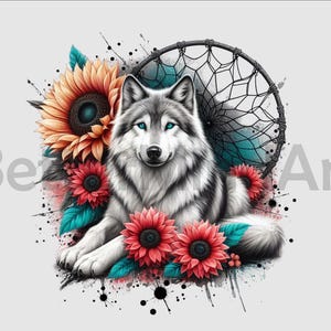 May include: A white wolf with blue eyes sits surrounded by red and yellow sunflowers and a dreamcatcher. The background is a light gray with black splatters.