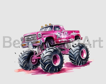 May include: A pink monster truck with large tires and a white star pattern. The truck has a black grill and headlights.