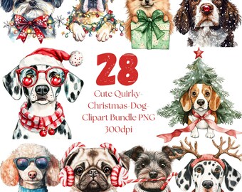 28 simpatici e stravaganti clipart di cani natalizi in formato PNG / Grafica sublimatica divertente per cuccioli durante le feste / Download digitale di clipart di cani domestici festivi