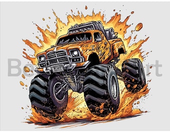 Flaming Monster Truck Sublimation Designs - Monster Truck PNG , Monster Truck Clipart