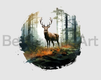 Deer hunting into a forest PNG Sublimation Designs - Deer PNG , Deer hunter Clipart