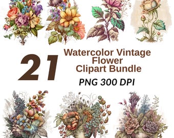 Watercolor Vintage Flower Clipart Bundle, 21 PNG Floral Illustrations, High-Resolution 300 DPI, Antique Botanical Digital Download