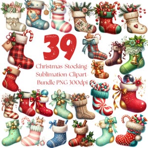 May include: A collection of 39 Christmas stockings in various designs, including red plaid, knitted, and patterned options. Each stocking is decorated with bows, ornaments, and festive details. The image includes text that reads "Christmas-Stocking-Sublimation-Clipart-Bundle PNG 300dpi."