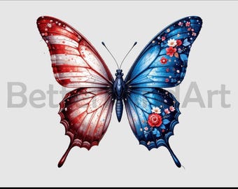 American Flag Butterfly Clipart PNG, Patriotic USA Butterfly Sublimation Design, 4th of July Digital Download for Crafts and Shirts