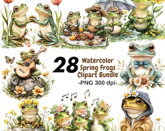 Watercolor Spring Frogs Clipart Bundle | 28 Cute Frog PNG Illustrations | Floral Frog Art | Spring Picnic Clip Art