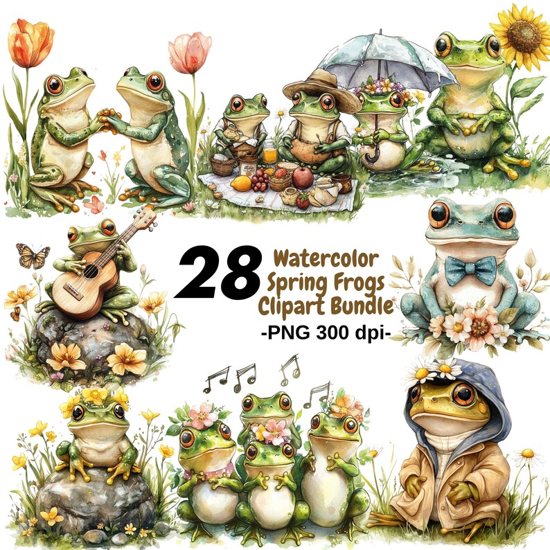 Spring Frog Drawing Watercolor Spring Frogs Clipart Bundle | 28 Cute Frog PNG Illustrations ...