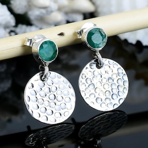 Emerald Round Stud Earrings, 925 Sterling Silver, Fine Handcrafted Emerald  Earrings For Her, minimalist Style, Emerald  Bridesmaid Gift