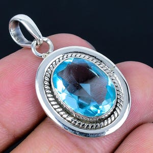 Elegant Swiss Blue Topaz  Pendant Sterling Silver Anniversary Pendant Minimalist Jewelry Love For Pendant, Handmade Cut Stone Pendant