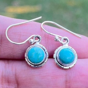 Round Turquoise Earring 925 Sterling Silver, Blue Turquoise, Anniversary Earrings Gifts, Handmade Jewelry, Dangle Earring Gift for Women,