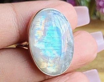 Rainbow Moonstone Ring, Sterling Silver Rings for Women, Boho Simple Ring with Big Stone, Birthstone Gemstone Ring Jewelry, Gift For Wife,