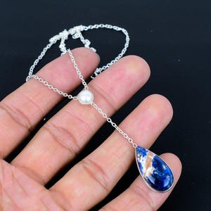 Sodalite Pendant 925Sterling Silver Necklace Sodalite & Pearl Gemstone Handmade Silver Gemstone Jewelry Sodalite Silver Jewelry For Necklace