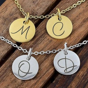 Engraved Charm Necklace, Personalized Dainty initial Necklace, Tiny initial Charm Disc Necklace Perfect Gift for Her Letter Alphabet Pendant