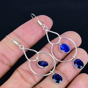 Blue Sapphire Earrings, Handmade Gemstone Silver, Minimalist Jewelry, Drop & Dangle Earring, Jewelry, Anniversary Gift, Gift For Wife Her