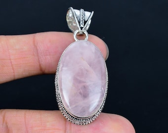 Handmade Rose Quartz Silver Pendant, Boho Gemstone Jewelry, Gift for Her