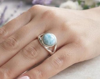 Blue Larimar Gemstone Ring, Silver Boho Statement Jewelry