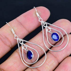 Blue Sapphire Earrings, Handmade Gemstone Silver, Minimalist Jewelry, Drop & Dangle Earring, Jewelry, Anniversary Gift, Gift For Wife Her