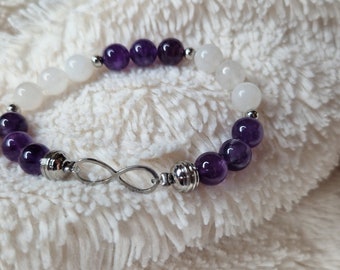 Stainless steel, amethyst and moonstone infinity bracelet