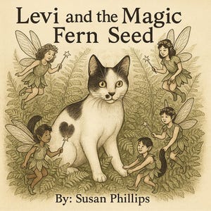 May include: Illustration of a children's book cover titled "Levi and the Magic Fern Seed." A black and white cat with a heart-shaped marking sits among ferns, surrounded by fairies holding wands. Text reads "By: Susan Phillips."