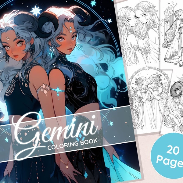 20 Gemini Twins Coloring Book, Zodiac Signs, Anime Fantasy coloring page, Adults + Kids coloring pages, Instant Download, Printable PDF