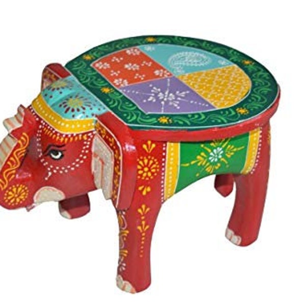 Wooden Table/Stool, Mango Wood, Hand Painted, Elephant Shape, Rajasthani Art, Size 8". 20 cm