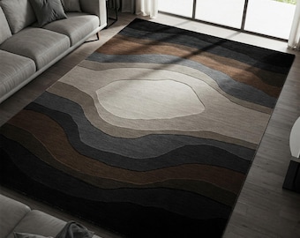 Hand Tufted Wool Area Rug – Abstract Wavy Design, Neutral Tones