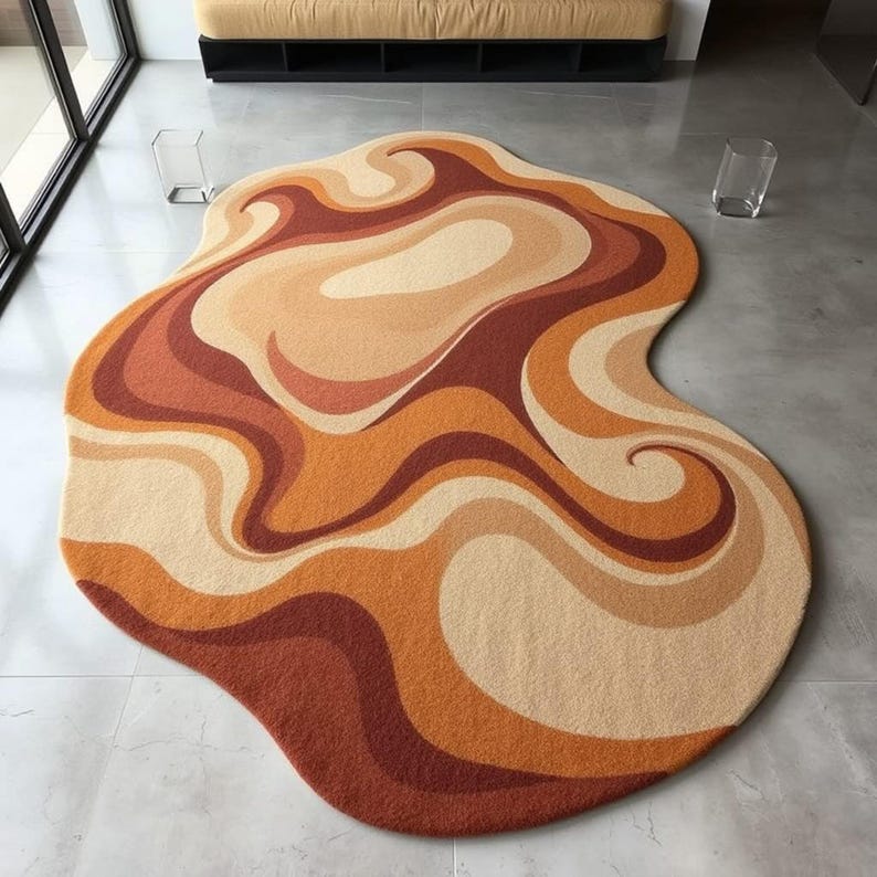 Modern Abstract Wavy Rug – Organic Shape, Earthy Warm Tones, Artistic Living Room Decor image 1