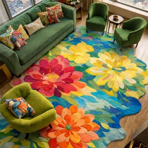 Vibrant Floral Rug with Irregular Shape – Artistic Statement for Modern City Living Rooms image 1