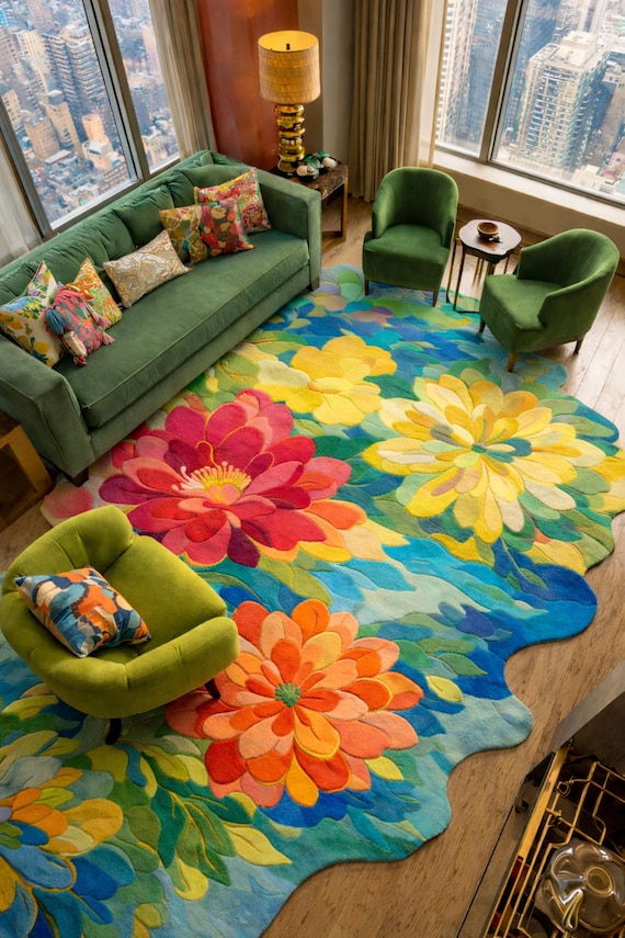 Vibrant Floral Rug with Irregular Shape – Artistic Statement for Modern City Living Rooms