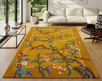 Hand Tufted Wool Area Rug Floral Bird Botanical Luxury Artisan Living Room Decor Statement