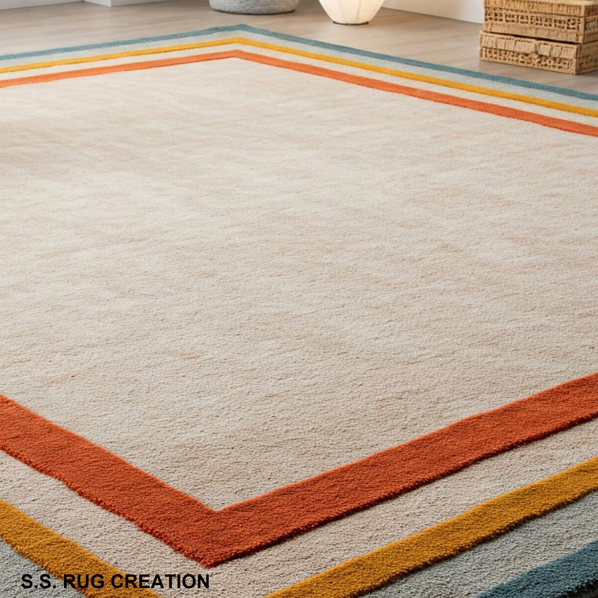 Hand-tufted Wool Area Rug – Cream, Teal, Mustard, Orange Border - Etsy
